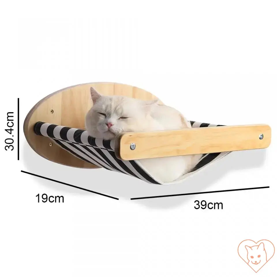 Wall-mounted cat hammock with a cozy fabric, ideal for lounging and climbing, shown with a cat resting comfortably.