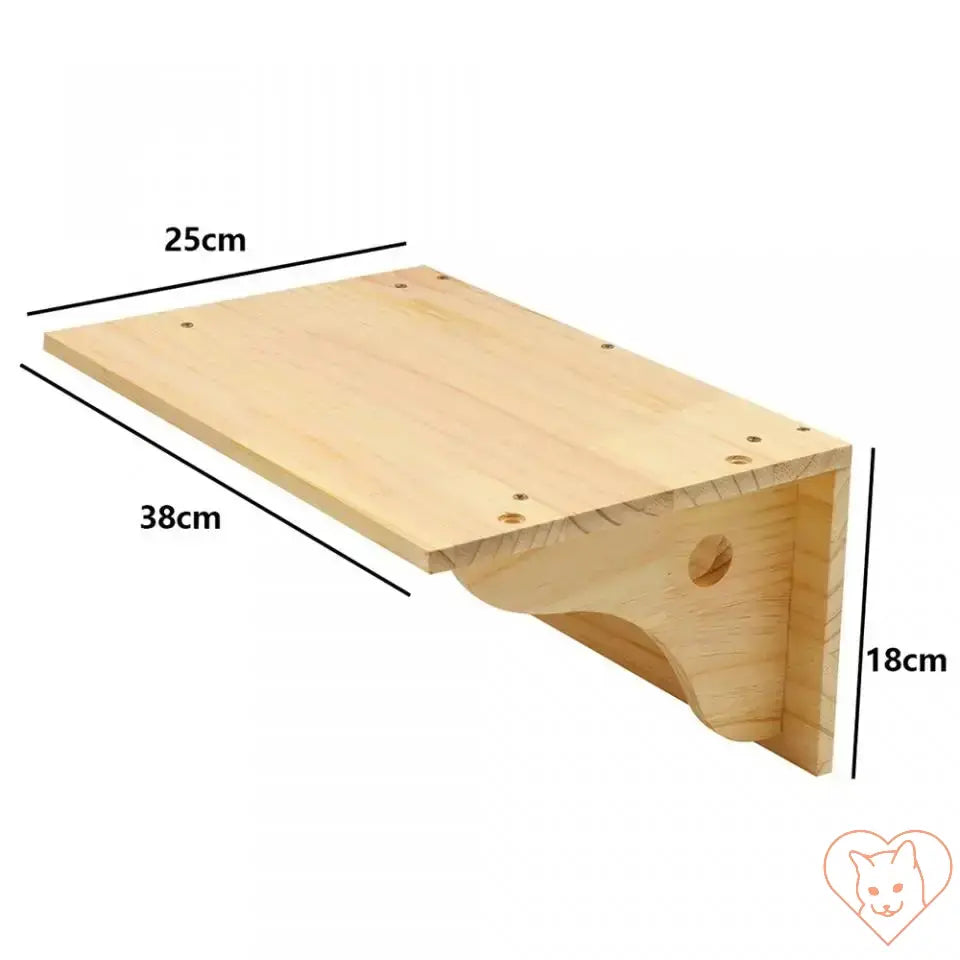 Wooden cat climbing shelf dimensions: 25cm width, 38cm length, 18cm height, ideal for feline furniture.