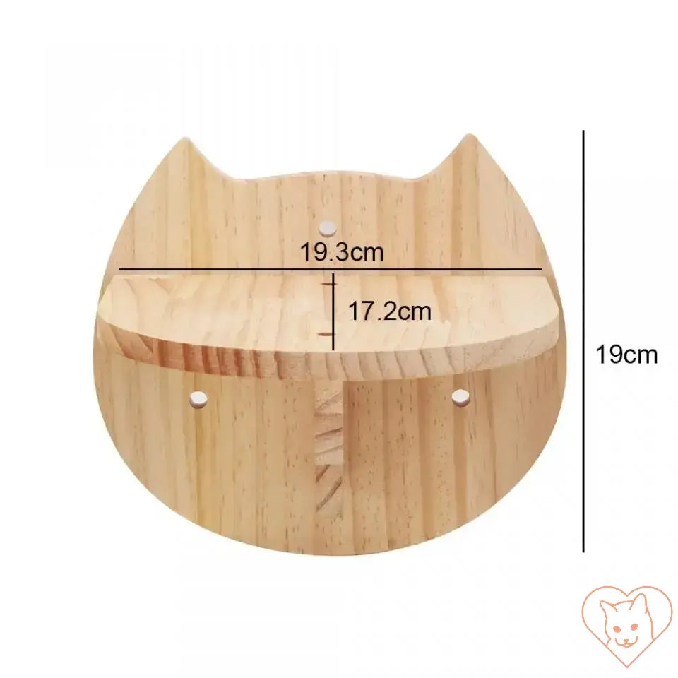 Wooden cat-shaped wall shelf, dimensions 19.3cm x 17.2cm, perfect for cat hammocks and climbing furniture.