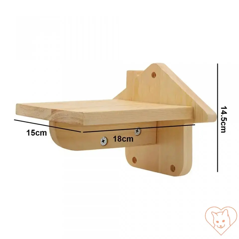 Wall-mounted cat climbing shelf made of natural wood, dimensions 15cm x 18cm, ideal for providing space for feline lounging.