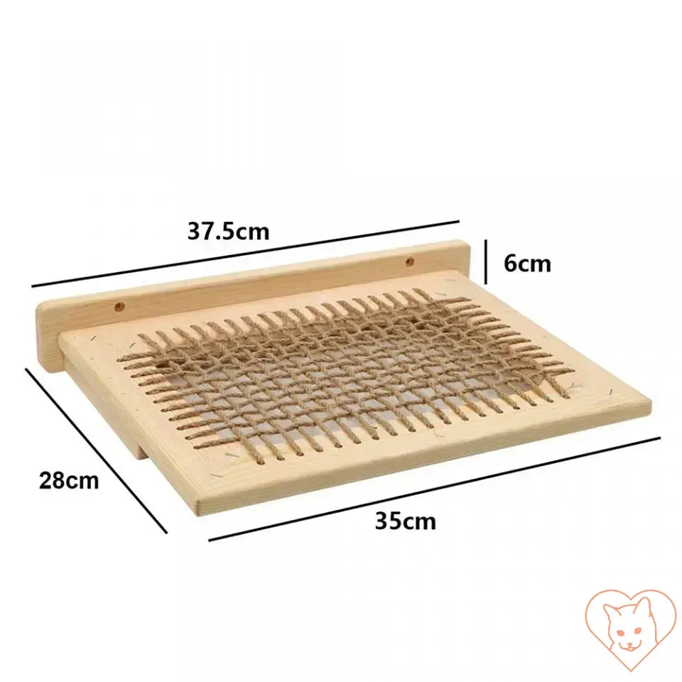 Dimensions of wooden wall-mounted cat hammock with sisal scratching surface, designed for climbing and lounging.