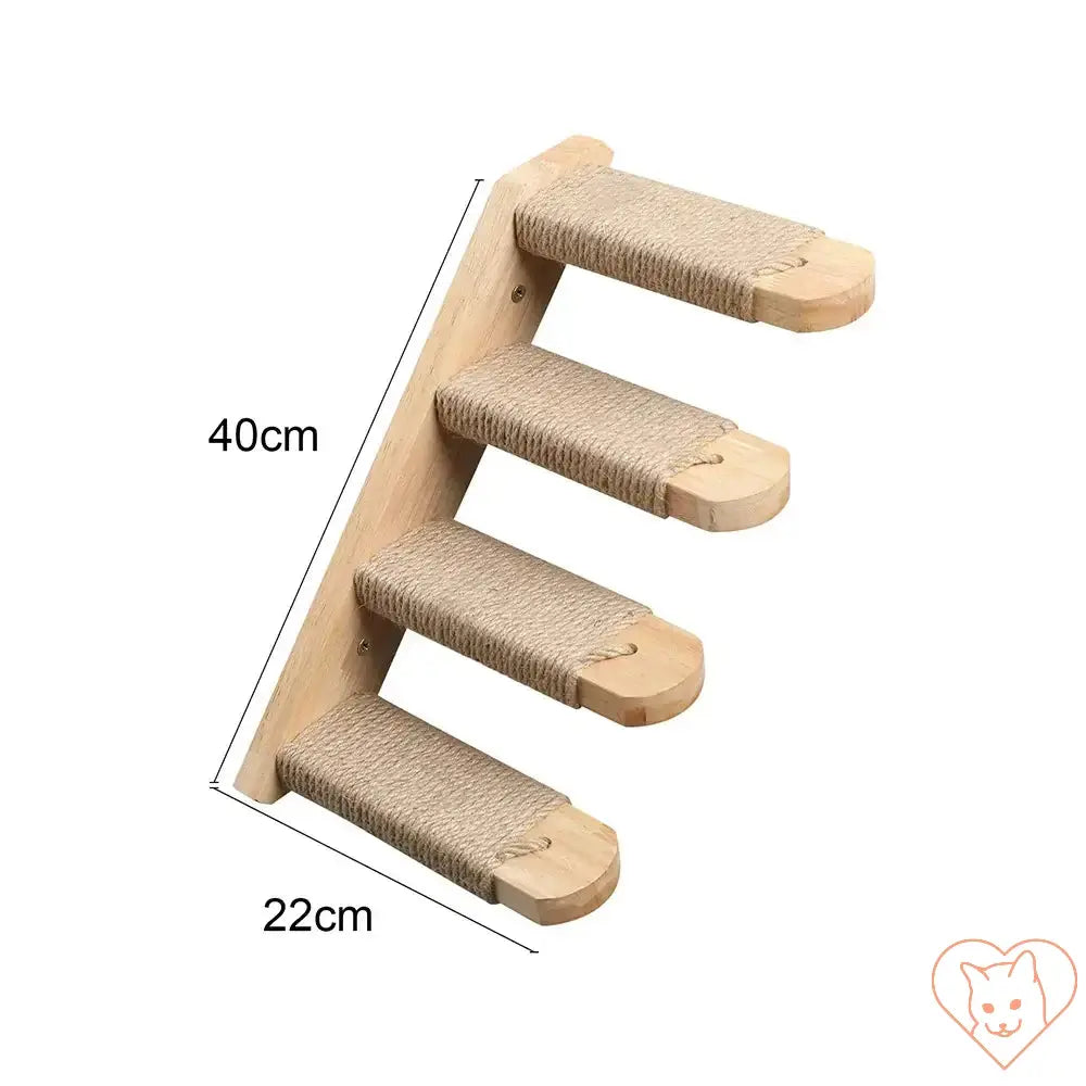 Wall-mounted climbing shelves with sisal rope for cats, measuring 40cm high and 22cm wide, made from natural wood.