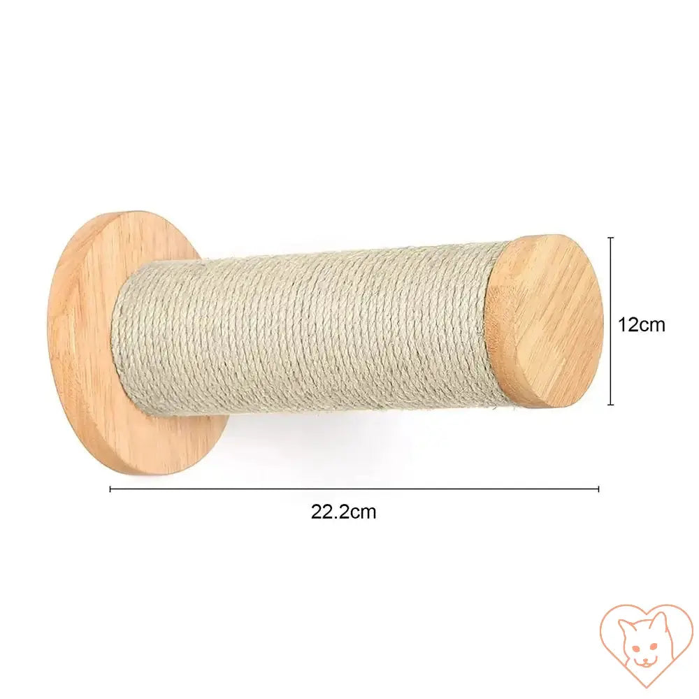 Wall-mounted sisal scratch post dimensions: 22.2cm wide, 12cm tall, made of natural wood and sisal.