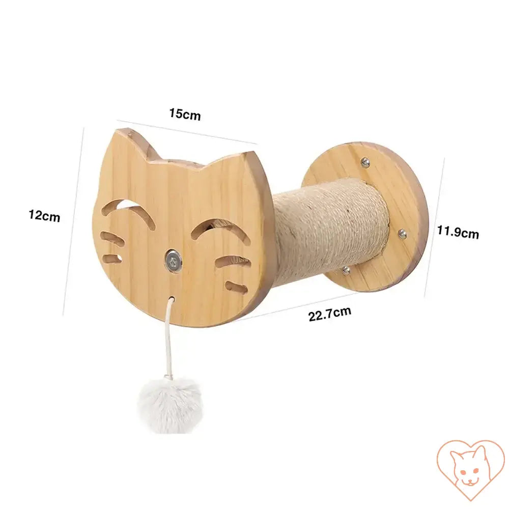 Wall-mounted cat scratcher with cute cat face design, sisal rope, and dangling pom-pom for playful feline fun.