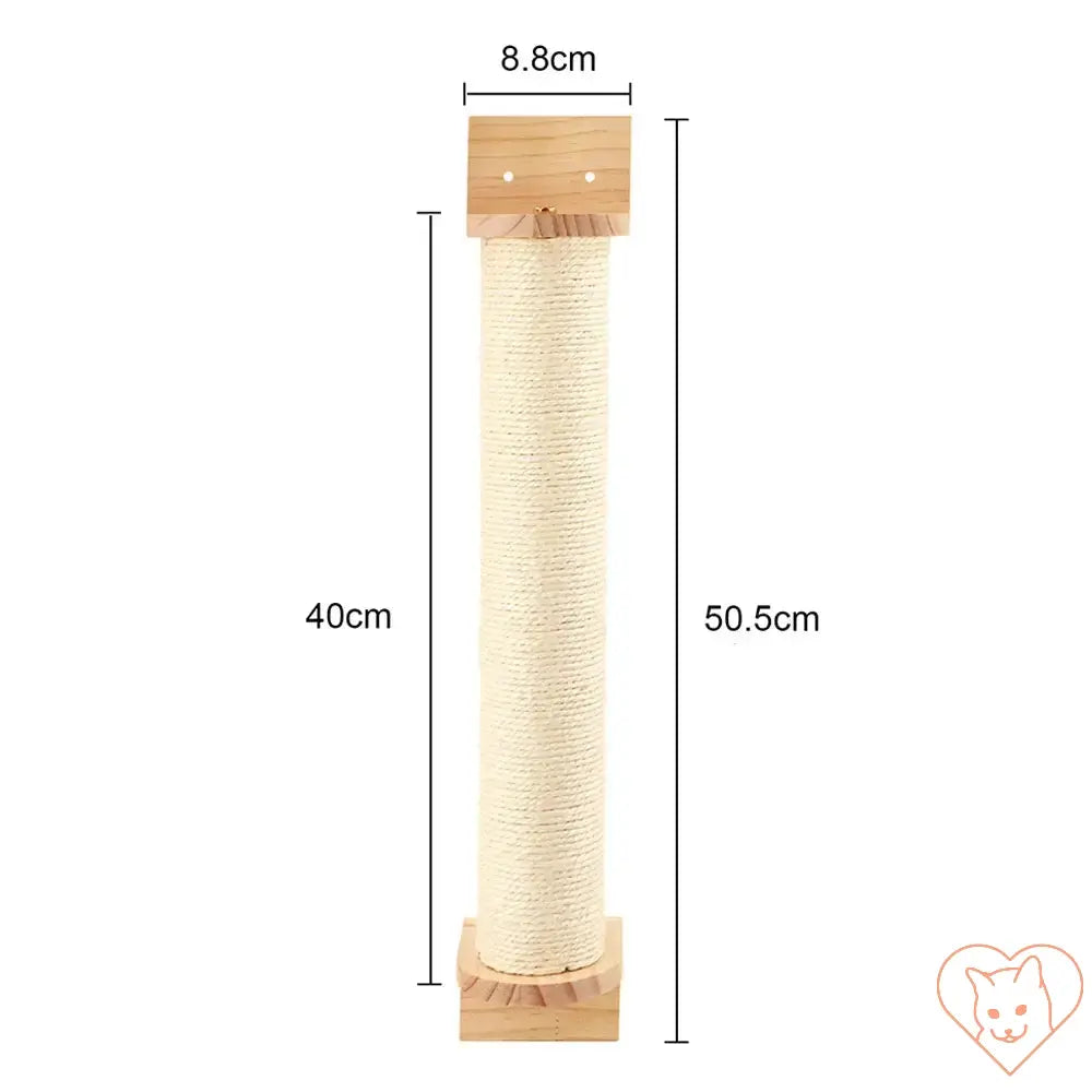 Wall-mounted cat scratching post made of natural wood and sisal, 50.5cm tall, perfect for climbing and scratching.