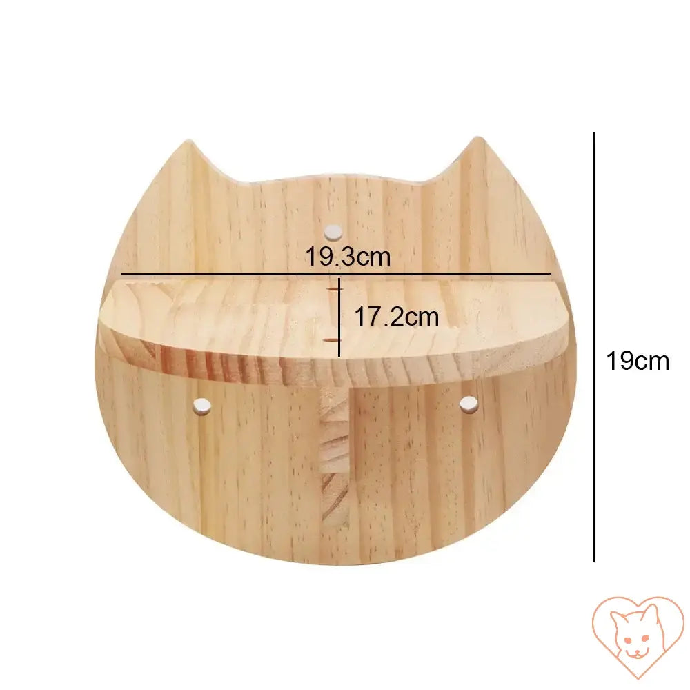 Cat-shaped wooden shelf for wall-mounted cat hammock, measuring 19.3cm wide and 19cm tall.