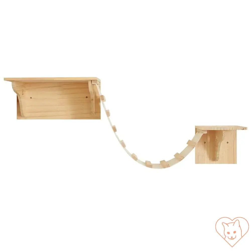 Wall-mounted cat tree climbing shelves in natural wood finish for feline play and relaxation.