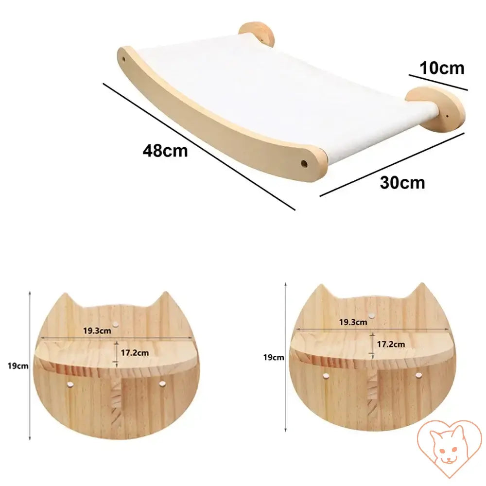 Dimensions of wall-mounted cat hammock and shelves, featuring a curved design in solid wood.