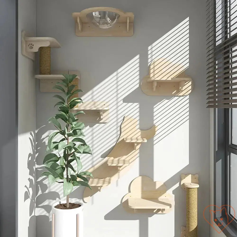 Wall-mounted cat tree with hammock, shelves, and scratching post in a well-lit room.