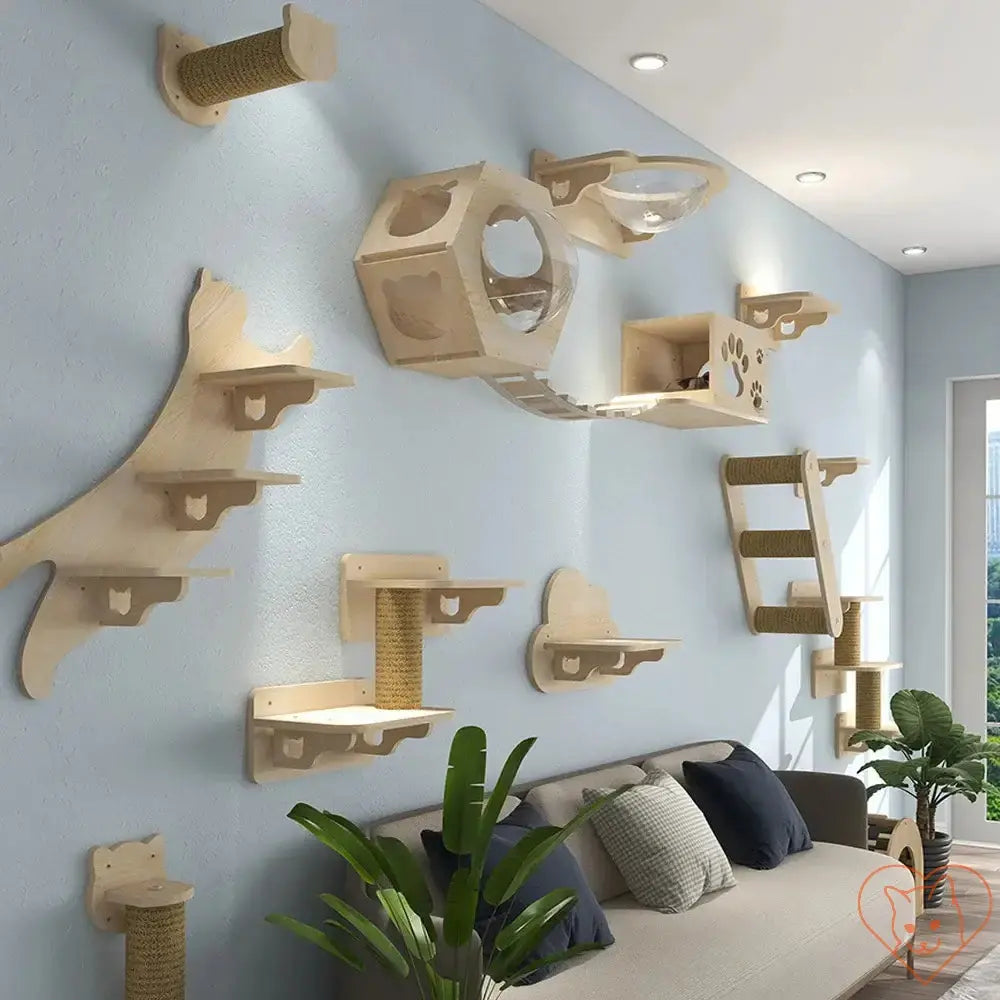 Wall-mounted cat tree with hammock, shelves, and scratching posts in a modern living room.