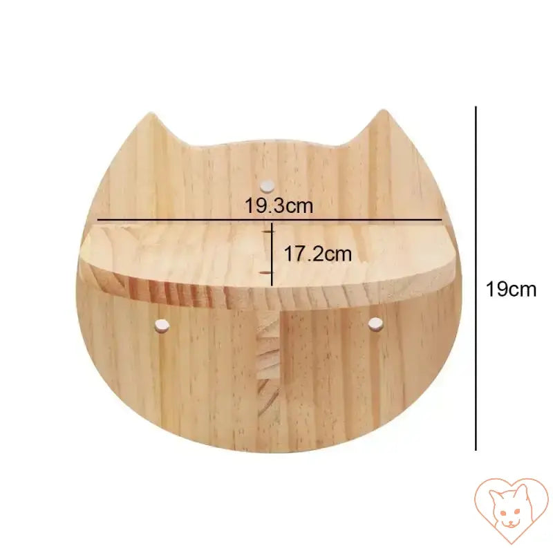 Wooden cat-shaped wall shelf measuring 19.3cm wide and 19cm tall, ideal for cat trees and climbing furniture.