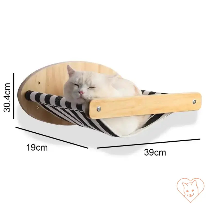 Cozy wall-mounted cat hammock in black and white stripes with a cat lounging comfortably.