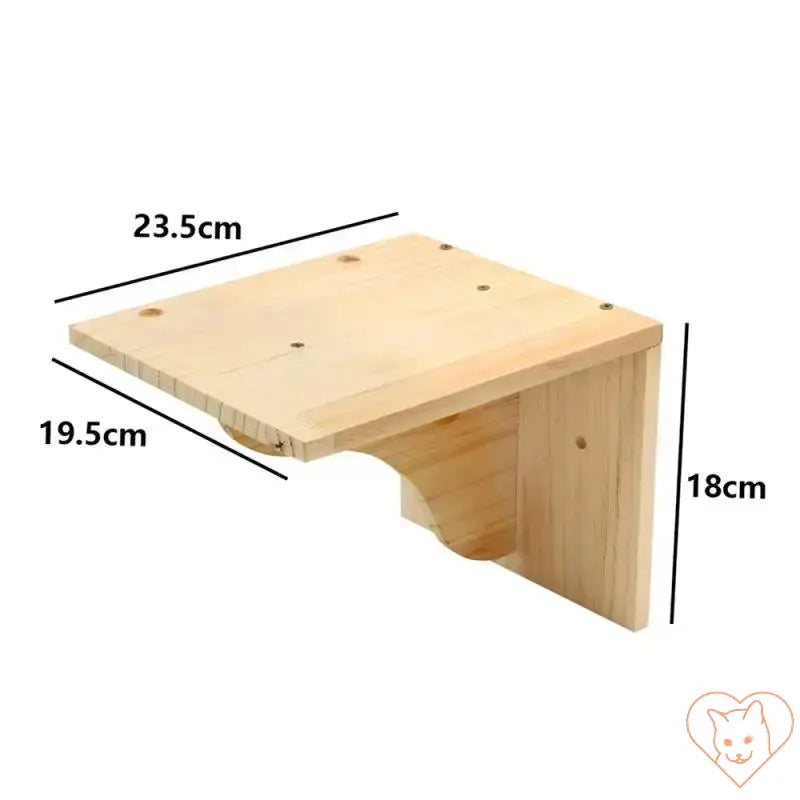 Dimensions of a wooden wall-mounted shelf for a cat tree, measuring 23.5cm x 19.5cm x 18cm.