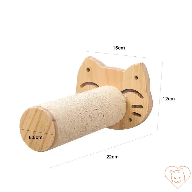 Wall-mounted wooden cat scratching post with playful cat face design, measuring 22cm x 15cm x 12cm.