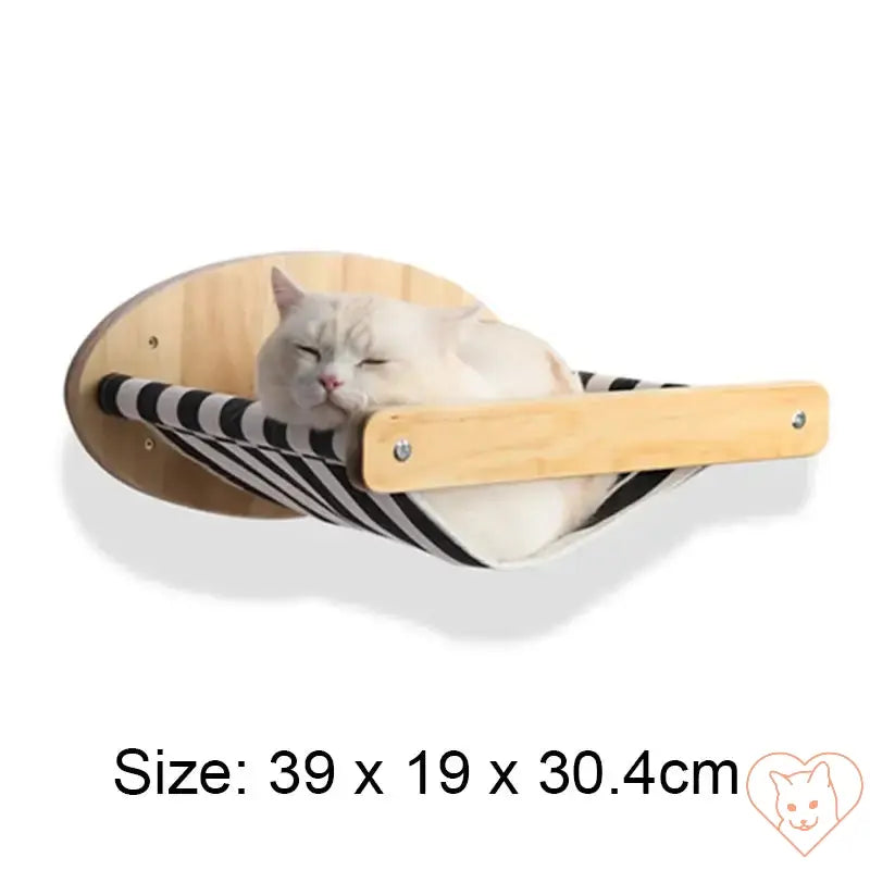 Cat relaxing in a striped hammock on a wall-mounted cat tree, size 39 x 19 x 30.4 cm.