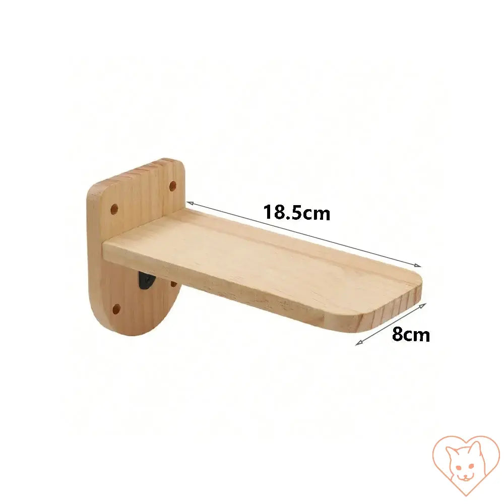 Wooden wall-mounted cat shelf measuring 18.5cm by 8cm, ideal for cat trees and play areas.