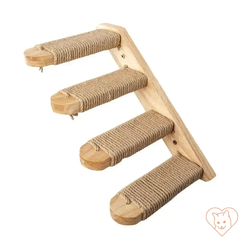 Wall-mounted cat tree climbing shelves with natural wooden platforms and durable sisal rope.