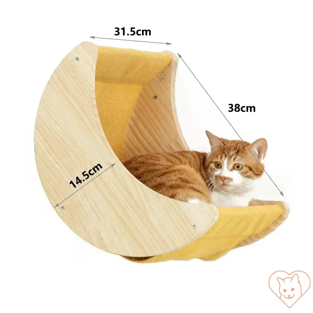 Cat relaxing in a cozy wall-mounted hammock with wooden frame, dimensions 31.5cm x 38cm x 14.5cm.