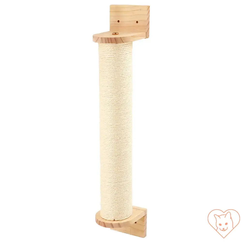 Wall-mounted cat scratching post made of solid wood and sisal rope for feline play and relaxation.