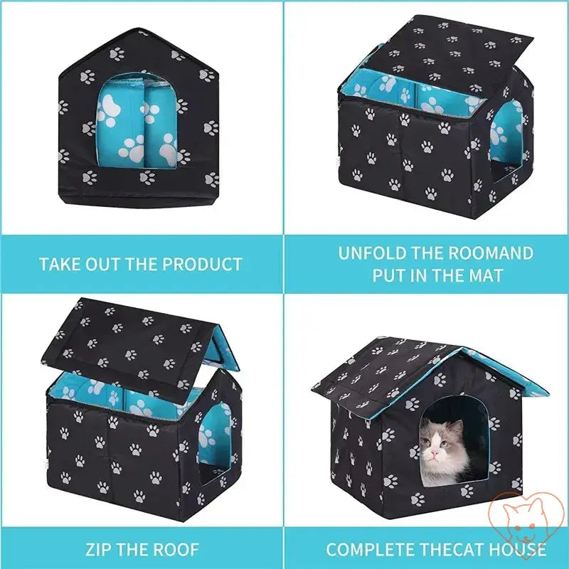 Step-by-step guide to assembling the waterproof outdoor cat house, showing folding and setup process.