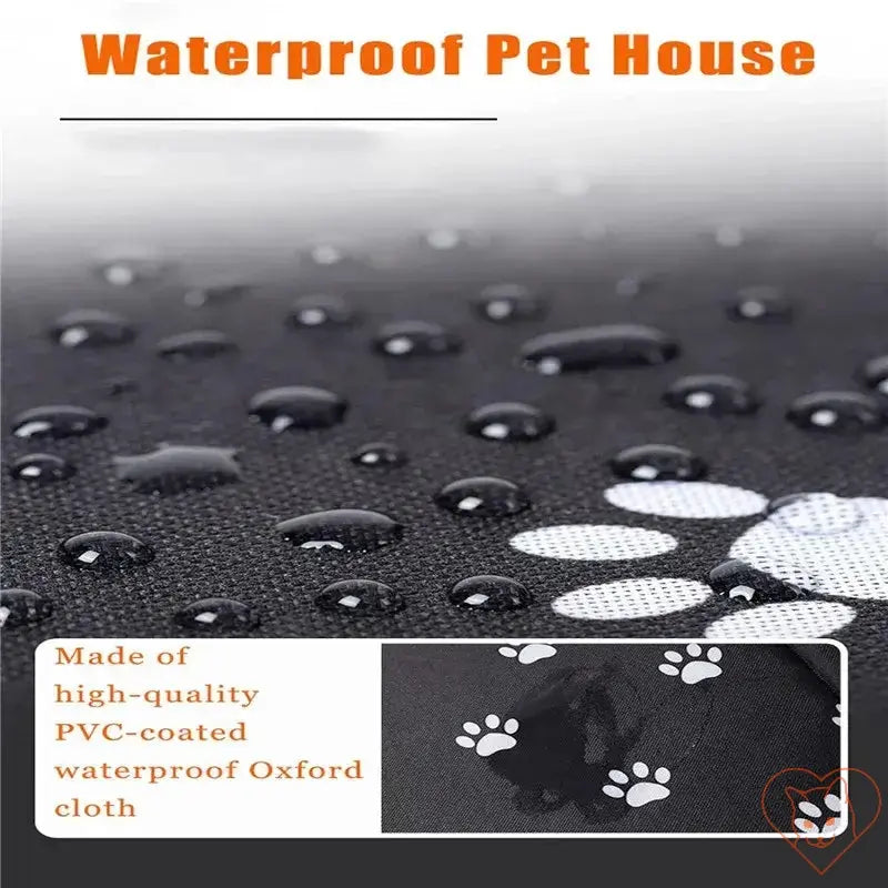 Close-up of waterproof pet house fabric with water droplets, showcasing durable PVC-coated Oxford cloth.