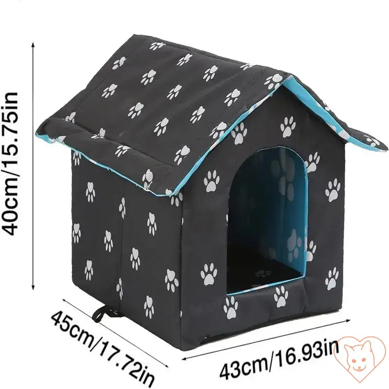 Waterproof outdoor cat house, collapsible pet shelter with paw print design, dimensions 40x45x43 cm.