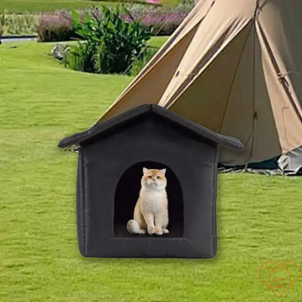 Waterproof outdoor cat house with a cat inside, ideal for keeping pets warm and safe in various weather conditions.