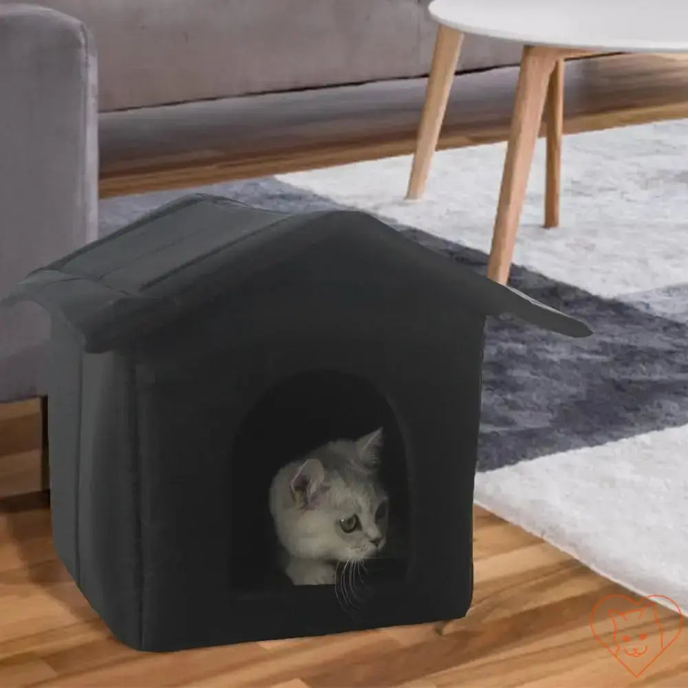 Waterproof outdoor cat house with a gray cat peeking out, great for cozy pet shelter in any weather.