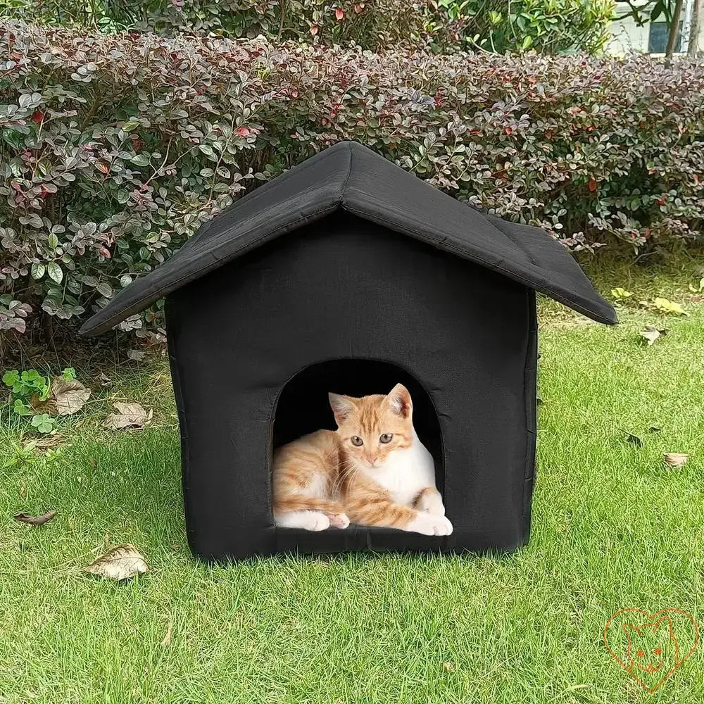 Waterproof outdoor cat house with a cozy orange cat lounging inside, perfect for any weather conditions.