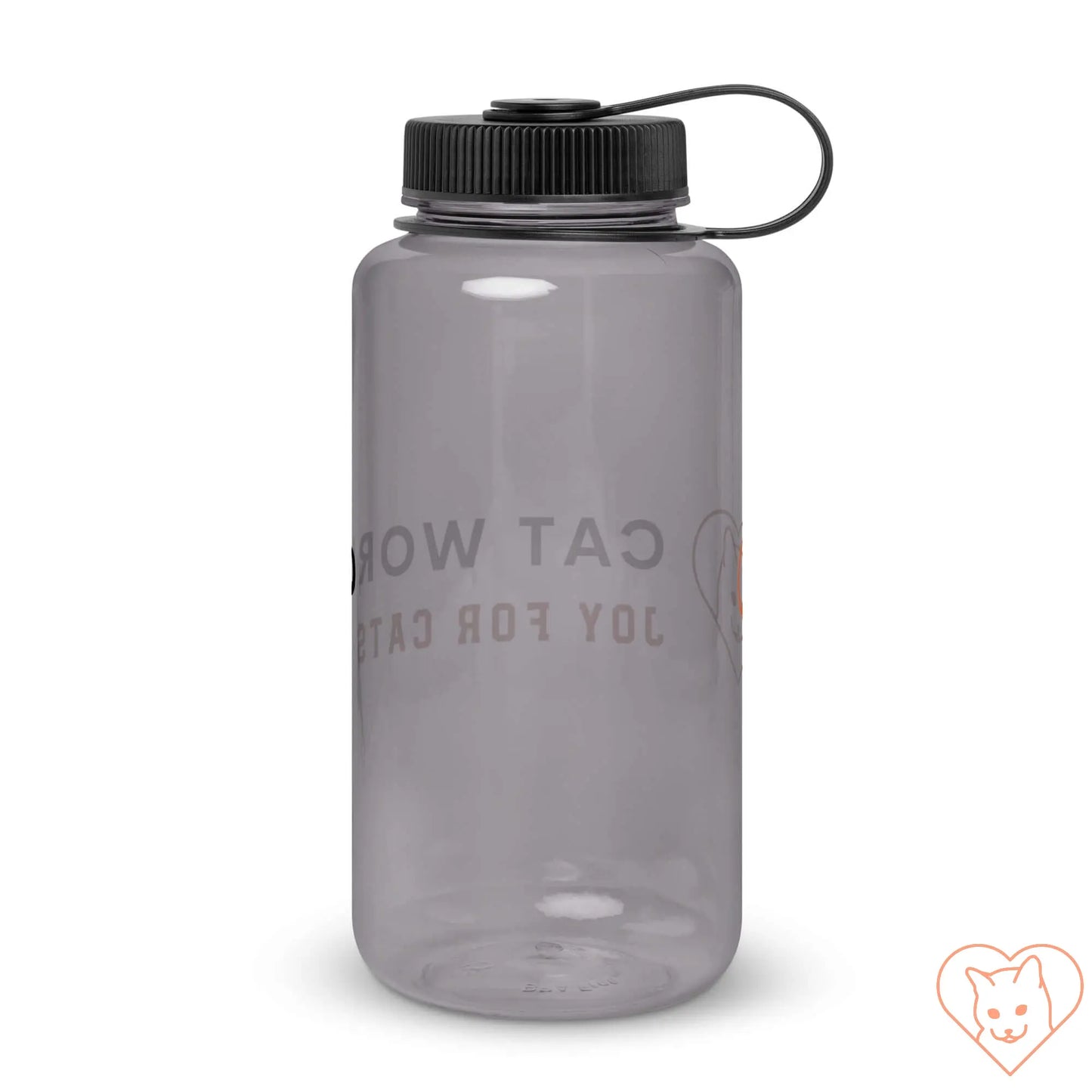 Wide mouth plastic water bottle in gray with a black lid, designed for hydration on the go. Perfect for outdoor activities.