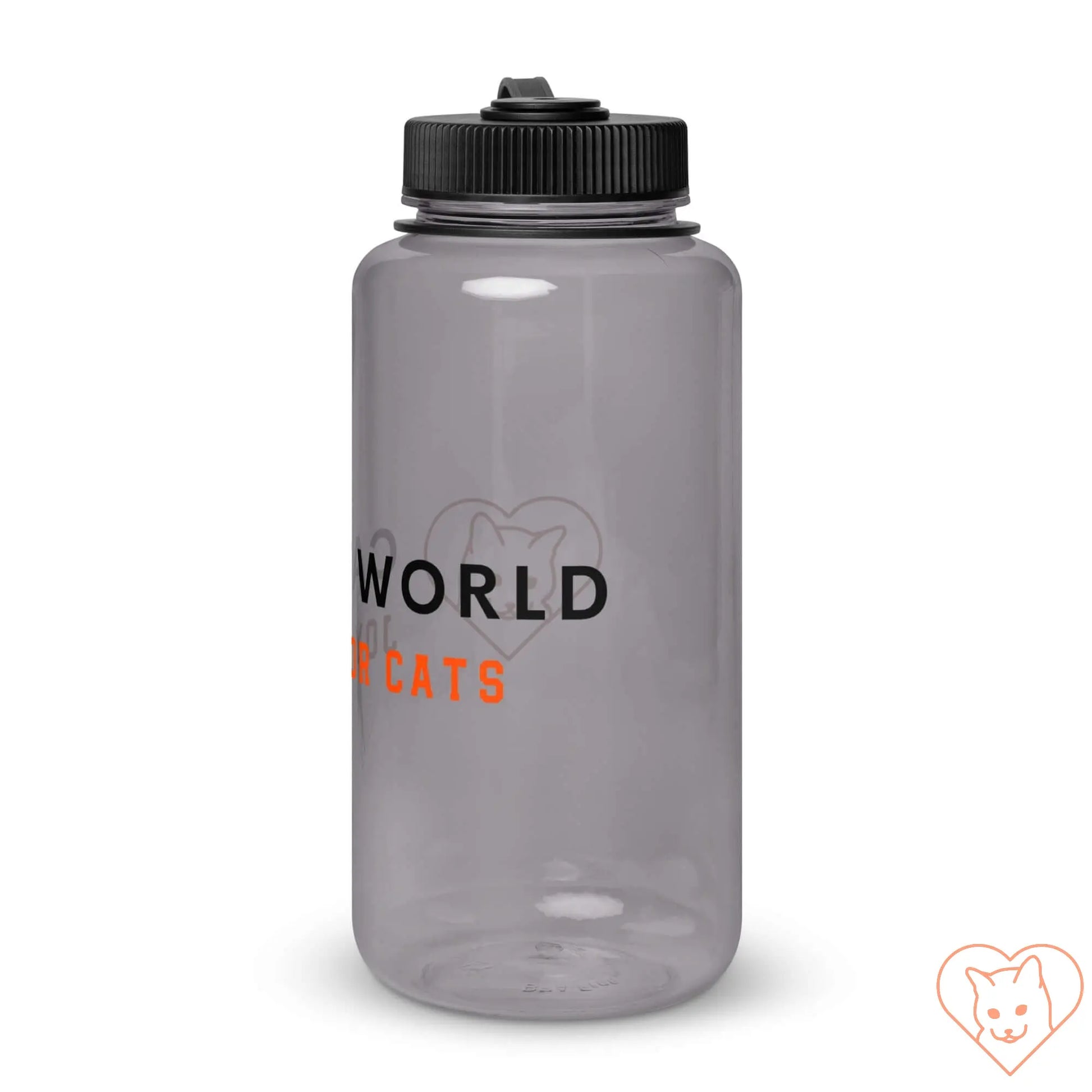 Wide mouth 32 oz plastic water bottle with black lid, ideal for hydration and adding ice or fruits.