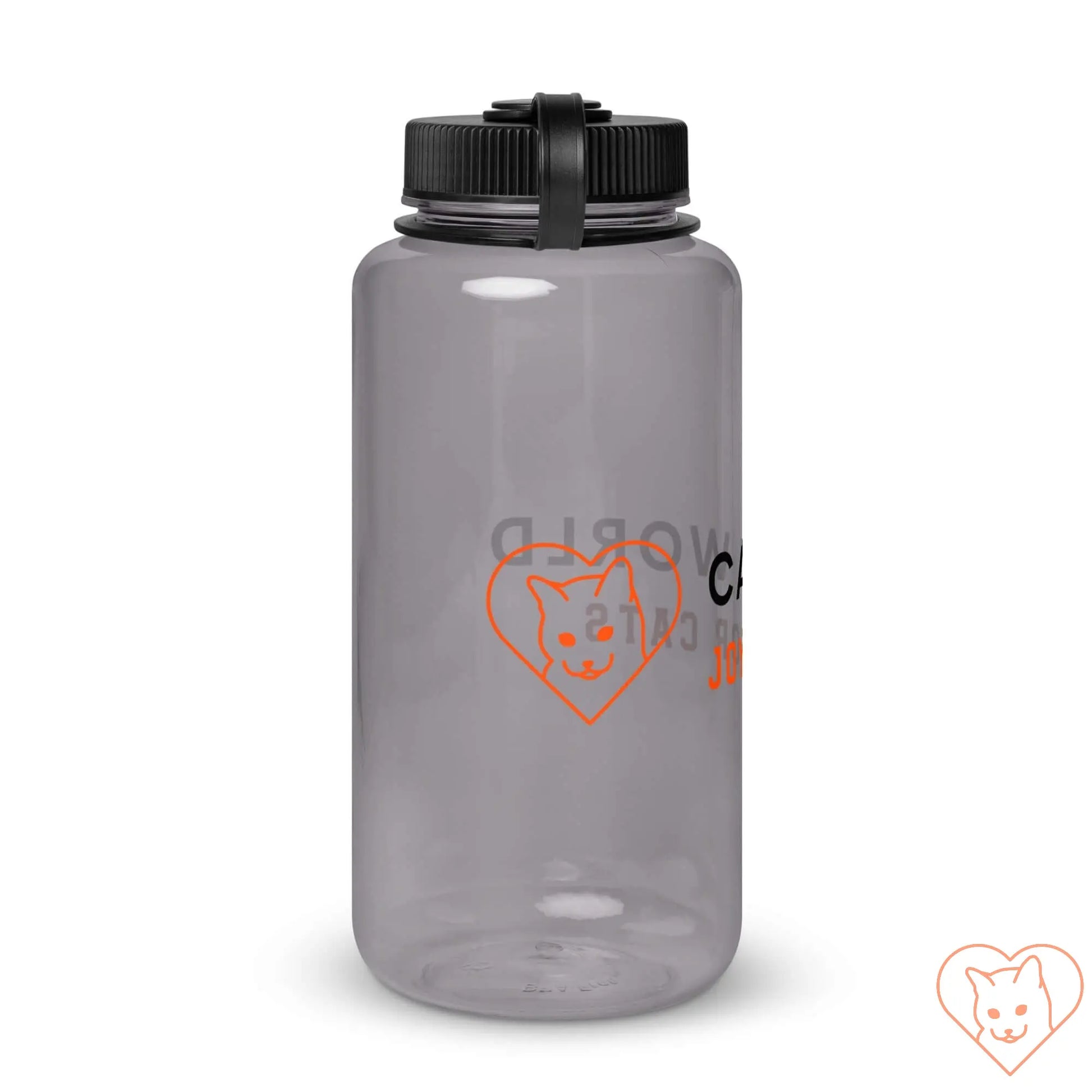 Wide mouth gray plastic water bottle with black lid and handle, ideal for hydration during workouts and outdoor activities.