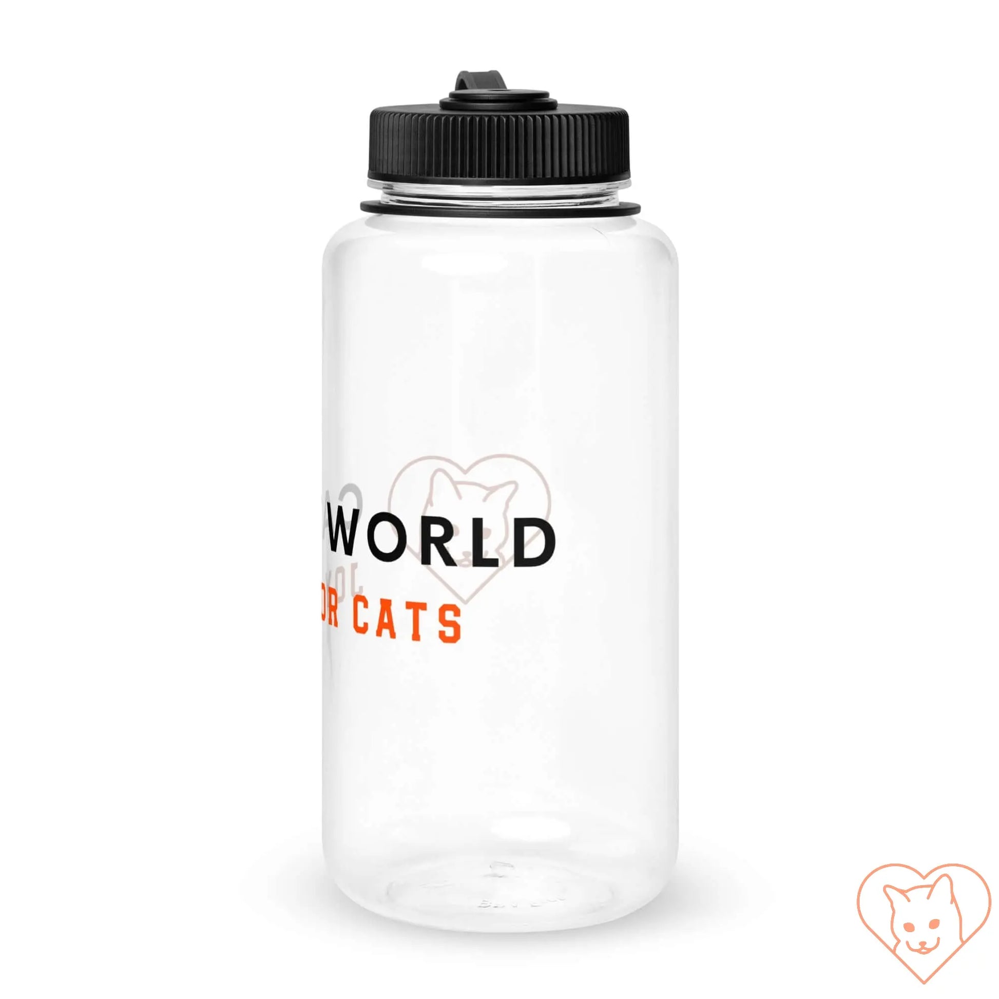 Clear plastic water bottle with black lid and design "WORLD for CATS," ideal for hydration and outdoor activities.