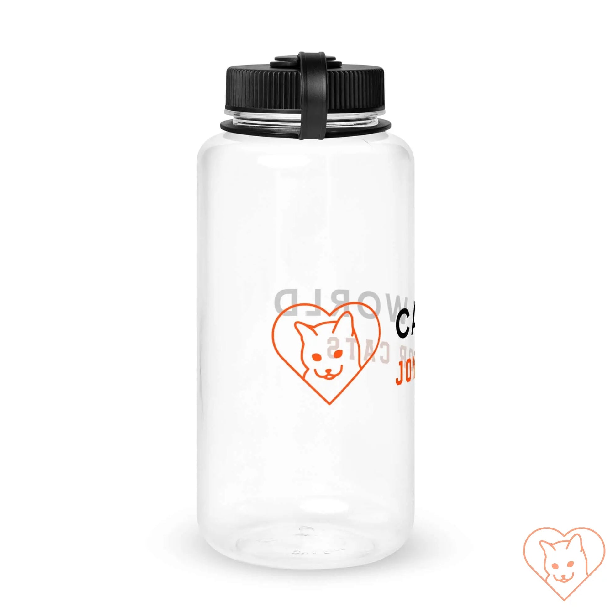 Wide mouth plastic water bottle with a black cap and cute dog heart graphic, perfect for hydration during outdoor activities.