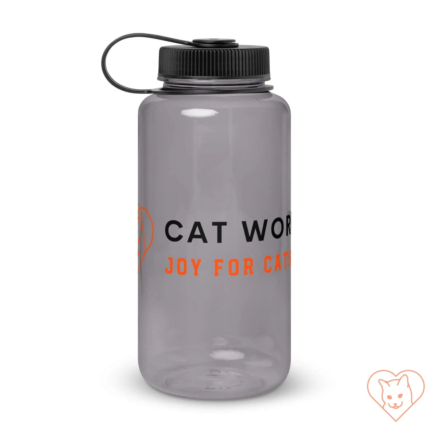 Wide mouth plastic water bottle with black lid and "CAT WORK" text, designed for hydration and outdoor activities.