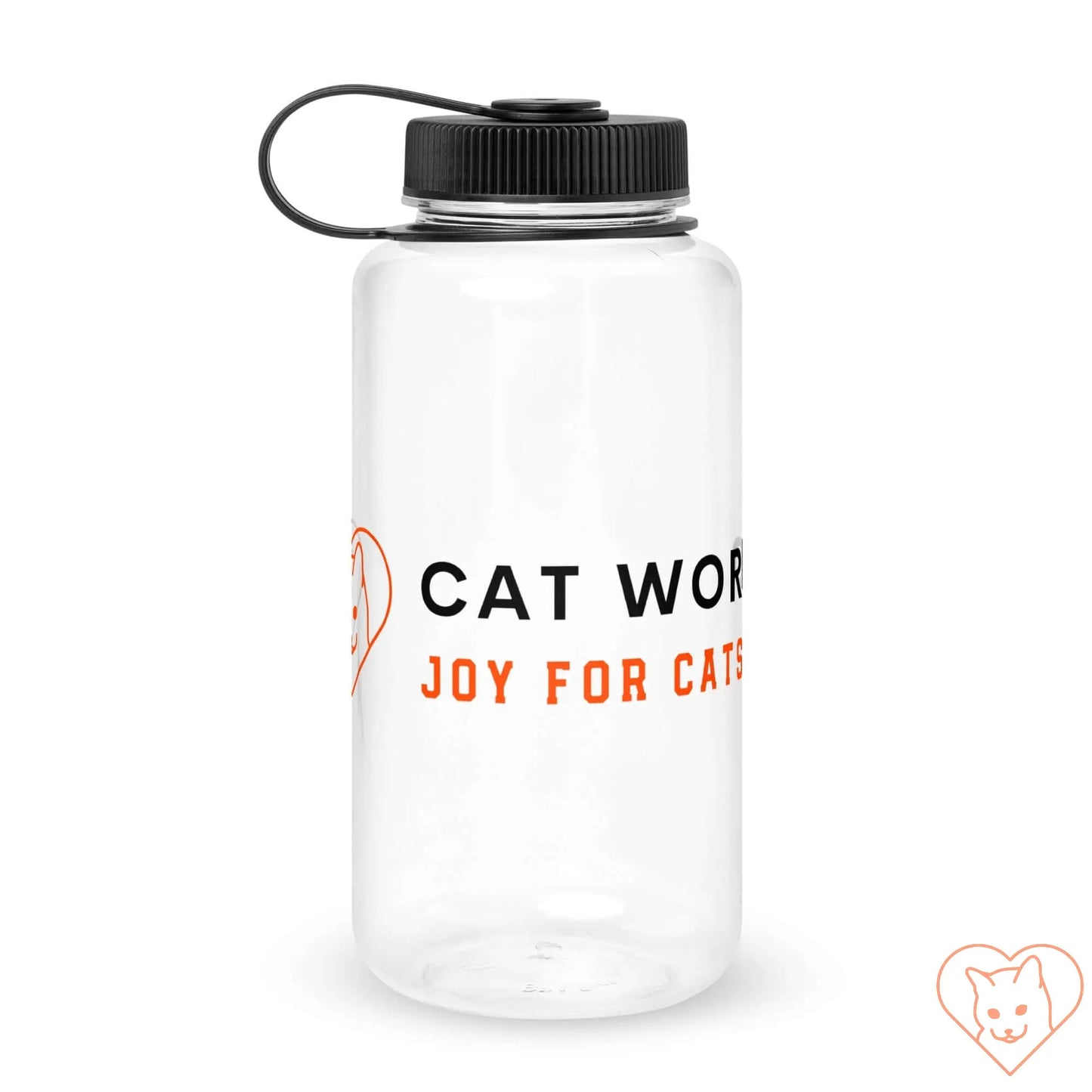 Clear plastic water bottle with black lid and "Cat Work Joy for Cats" printed design. Ideal for hydration.