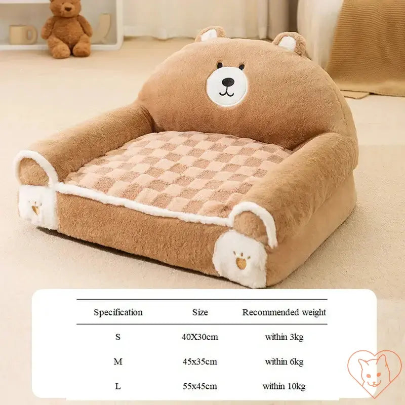 Winter Plush Cat Bed in cute bear design, soft fabric pet sofa for small cats and dogs, providing cozy comfort and warmth.