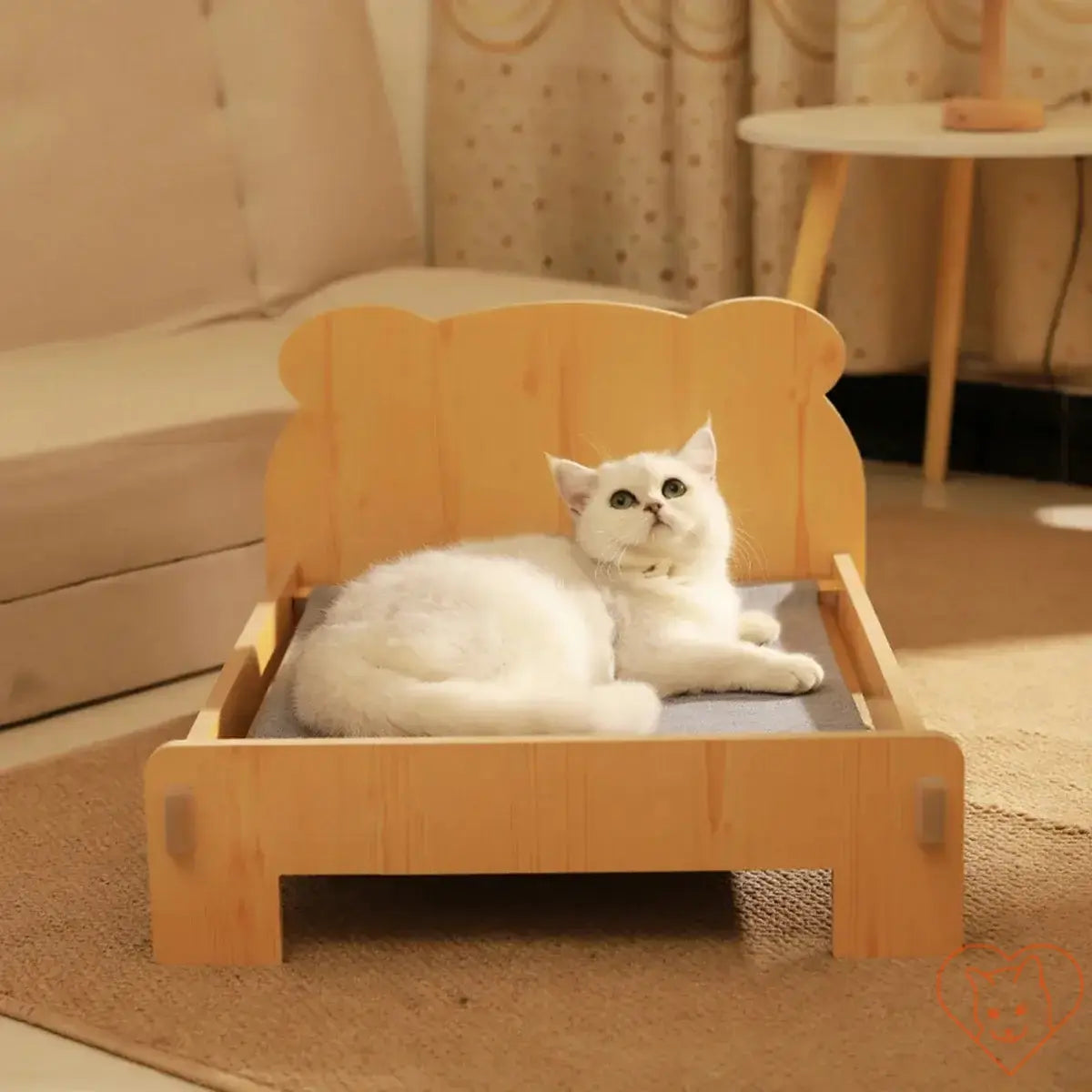 Cozy wooden cat bed with teddy bear pattern, featuring a fluffy cat relaxing on a soft cushion in a stylish interior.