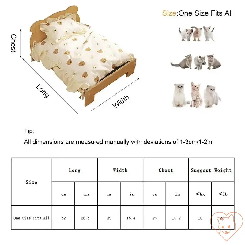 Wooden cat bed with teddy bear pattern dimensions and size chart for pet comfort and fit.