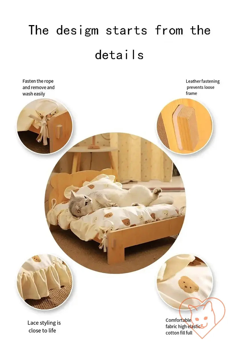 Wooden cat bed features teddy bear pattern, detachable cushion, and leather fastenings for a cozy pet retreat.