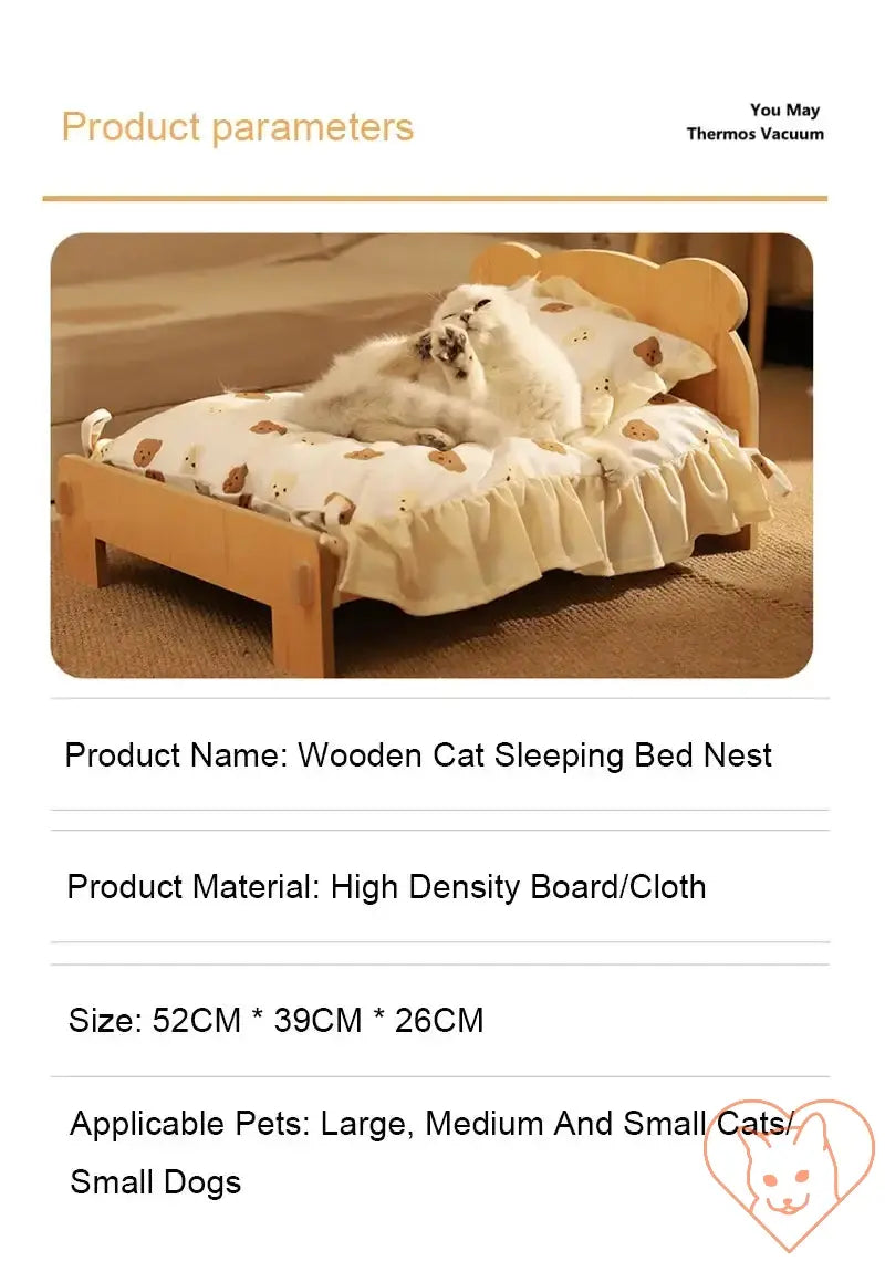 Wooden cat bed with teddy bear pattern, cozy cushion, suitable for small dogs and cats, showcasing product dimensions.