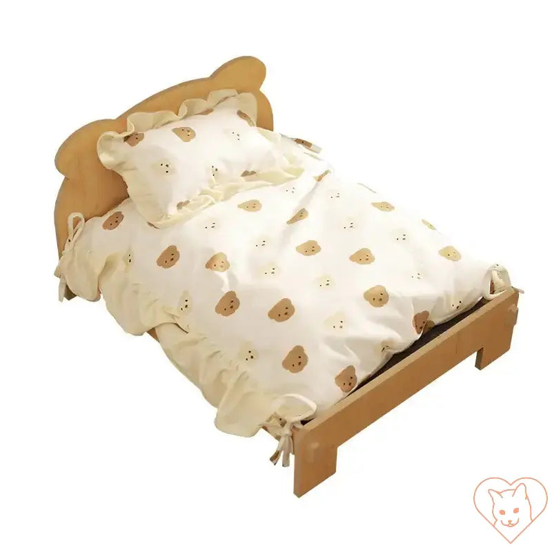 Cozy wooden cat bed with teddy bear pattern bedding, perfect for small pets to relax and sleep comfortably.