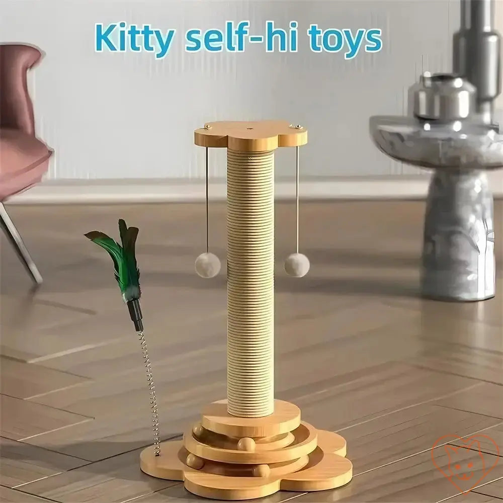 Wooden cat scratching post with interactive toys for playful kitties in a modern living space.