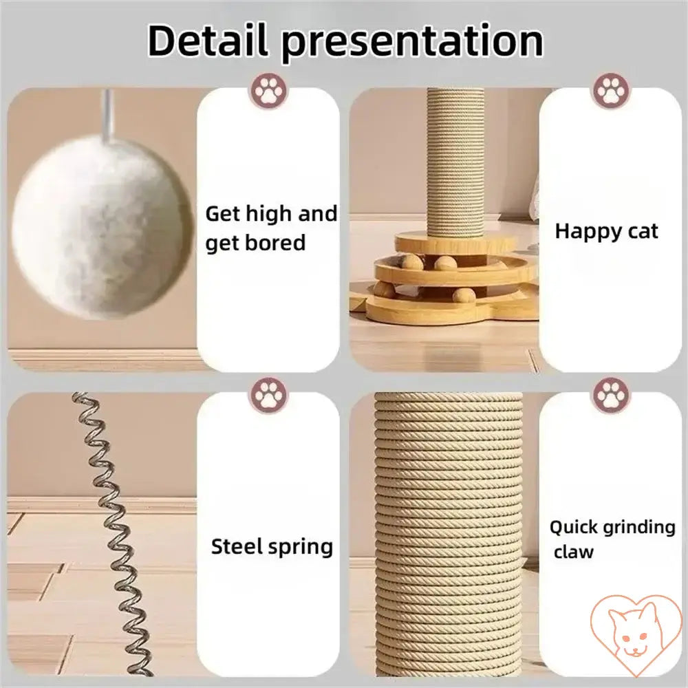 Detail presentation of Wooden Cat Turntable with Sisal Scratching Post features, including a ball, spring, and scratching post.