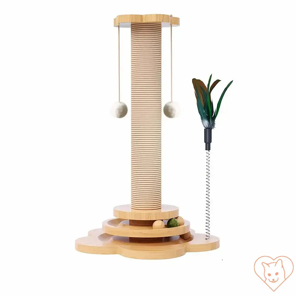 Wooden cat turntable with sisal scratching post and interactive toys for playful felines.