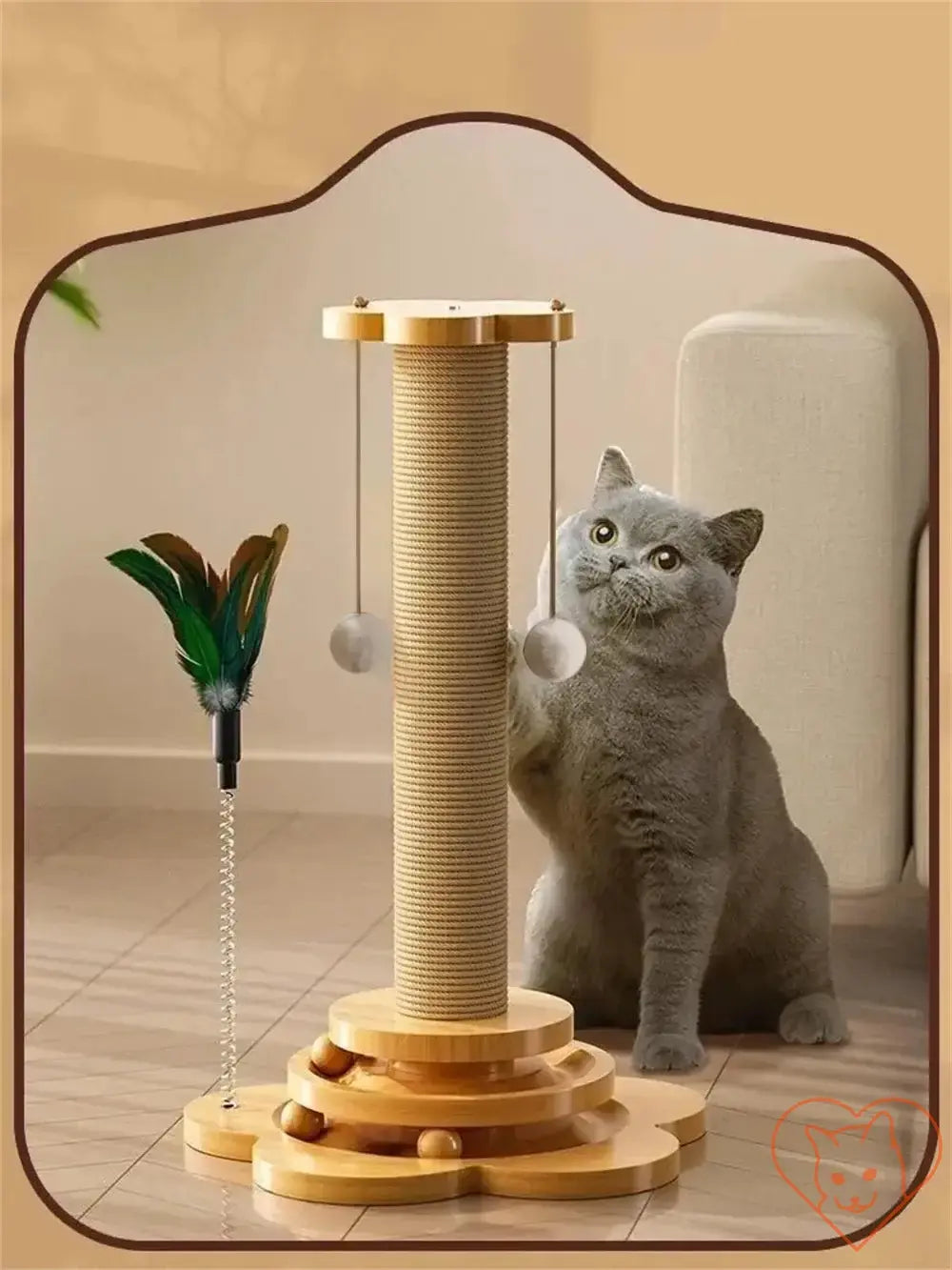 Wooden cat turntable with sisal scratching post and teaser wand, featuring a playful cat in a cozy living room setting.