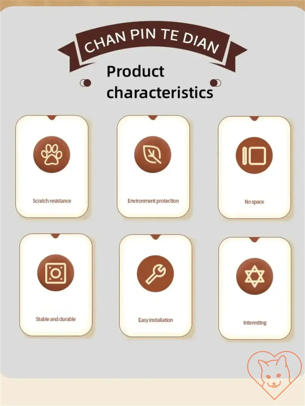 Infographic showcasing product characteristics: scratch resistance, environment protection, space-saving, durability, easy installation, and interesting design.