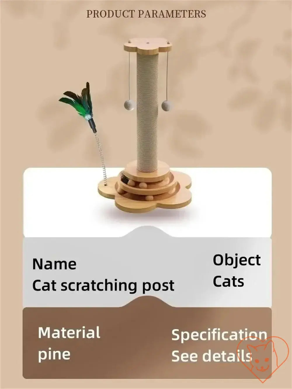 Wooden cat scratching post with teaser wand, made of pine, designed for playful and active cats.