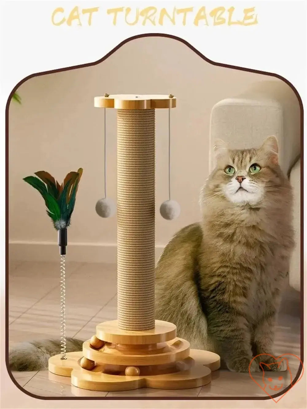 Interactive wooden cat turntable with sisal post and teaser wand, featuring a fluffy cat beside it.