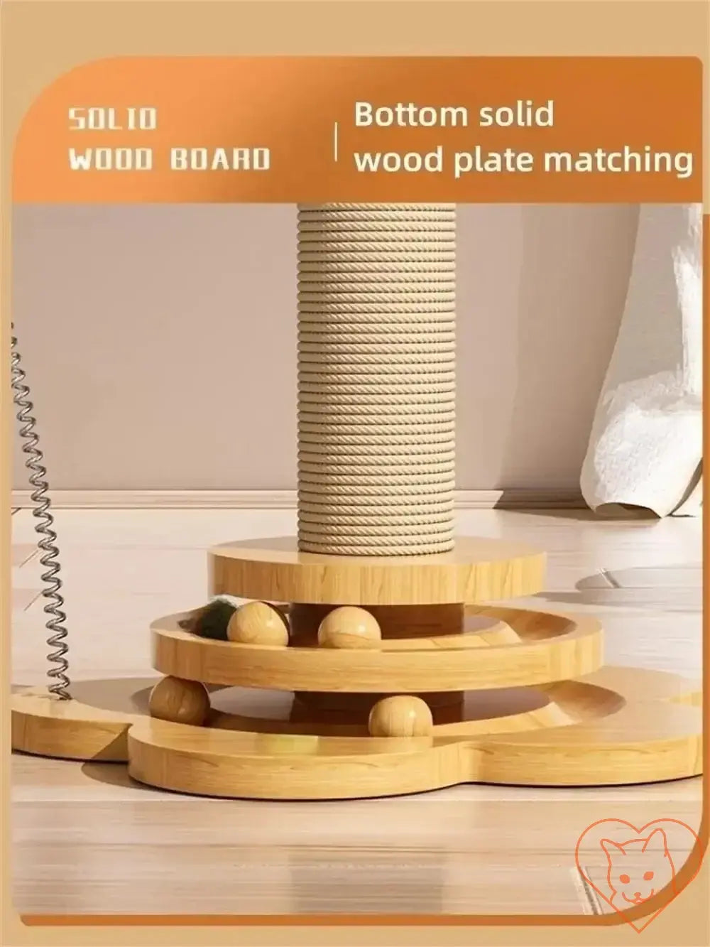 Wooden cat turntable base with sisal scratching post and playful balls for interactive feline entertainment.